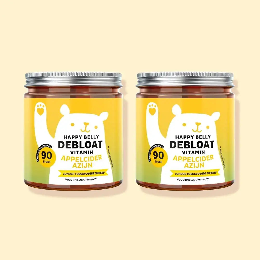 Afbeelding van 2 potjes Happy Belly Debloat Vitamin met appelciderazijn, elk 90 gummies – vegan & zonder toegevoegde suikers | Bears with Benefits