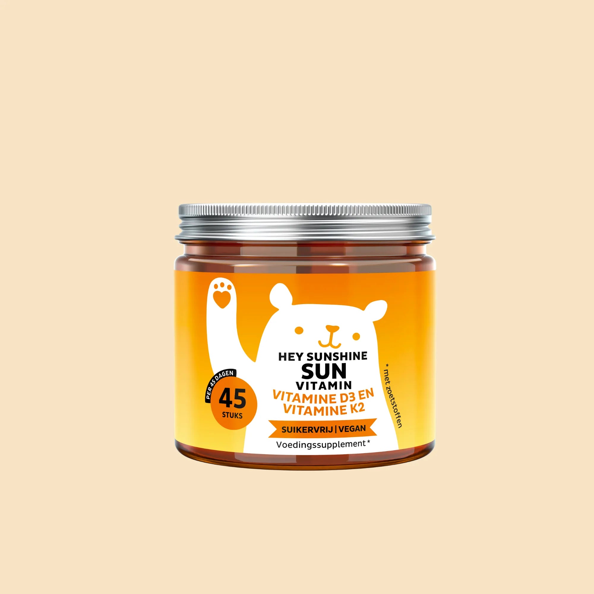 Hey Sunshine Sun Vitamin potje met 45 gummies met vitamine D3 en vitamine K2, suikervrije en vegan gummies, nieuw vitaminecomplex voor dagelijkse ondersteuning l Bears with Benefits.