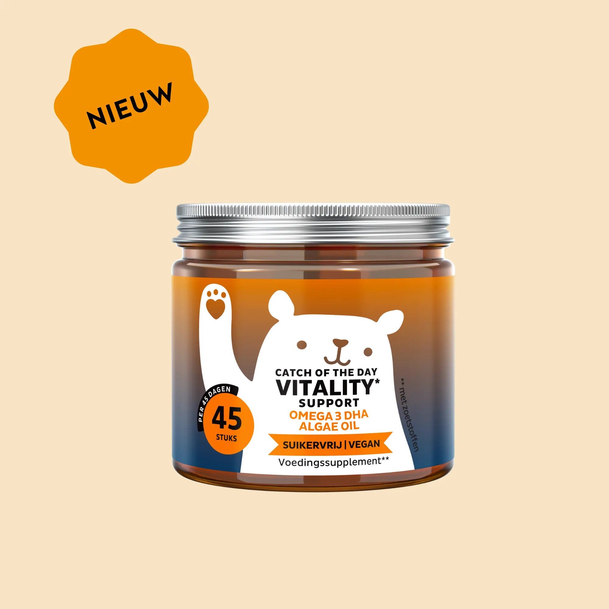 Afbeelding van het potje met 45 stuks Catch Of The Day Vitality Support vitamine gummies (Omega3 vitamin) van Bears with Benefits, ontwikkeld ter ondersteuning van energie en immuunsysteem.