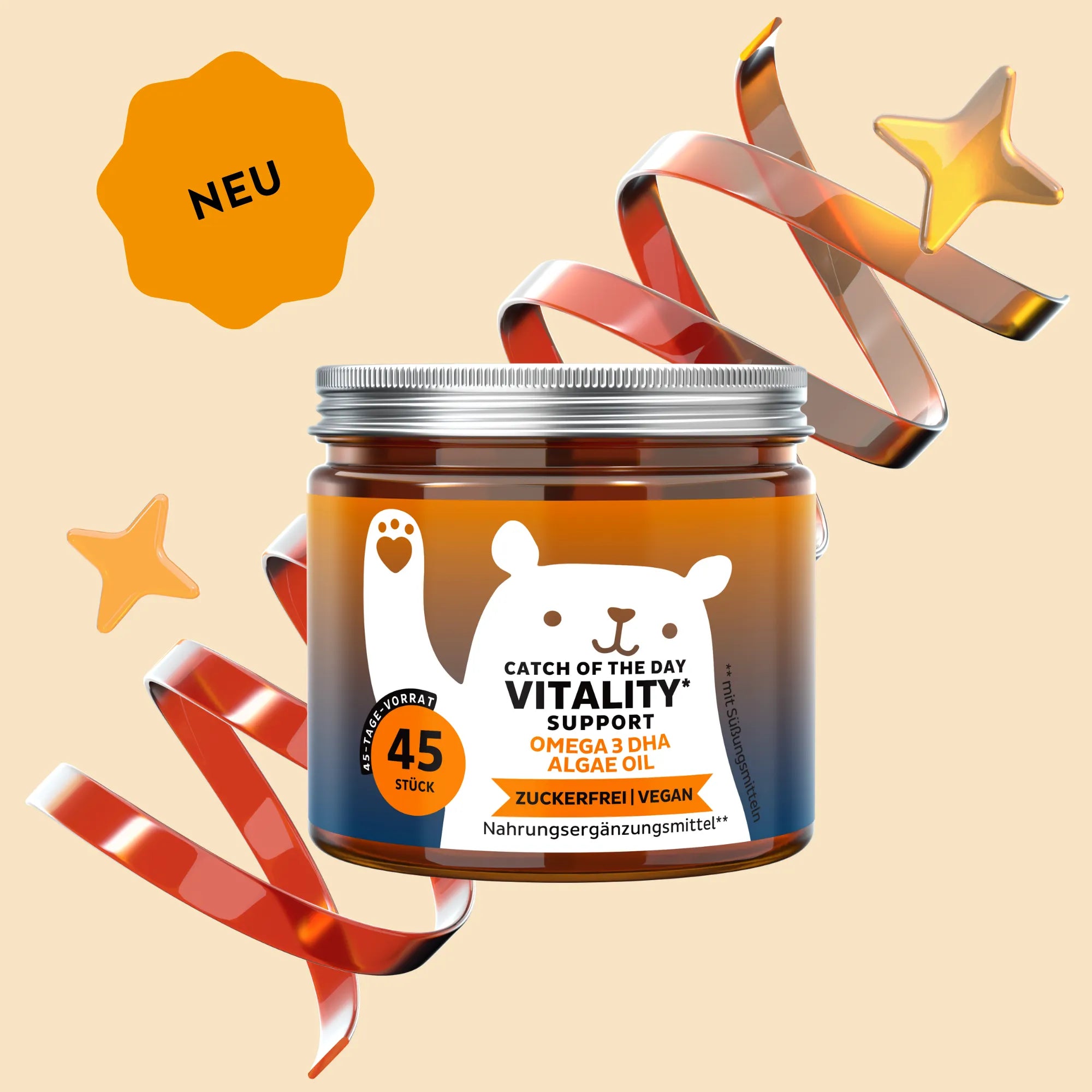 Afbeelding van het potje met 45 stuks Catch Of The Day Vitality Support vitamine gummies (Omega3 vitamin) van Bears with Benefits, ontwikkeld ter ondersteuning van energie en immuunsysteem.