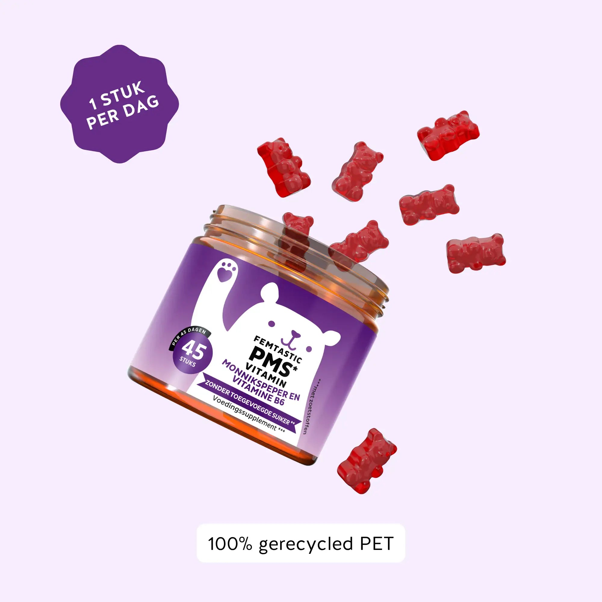 Potje Femtastic PMS met rode gummybeertjes – 1 stuk per dag, gemaakt van 100% gerecycled PET | Bears with Benefits