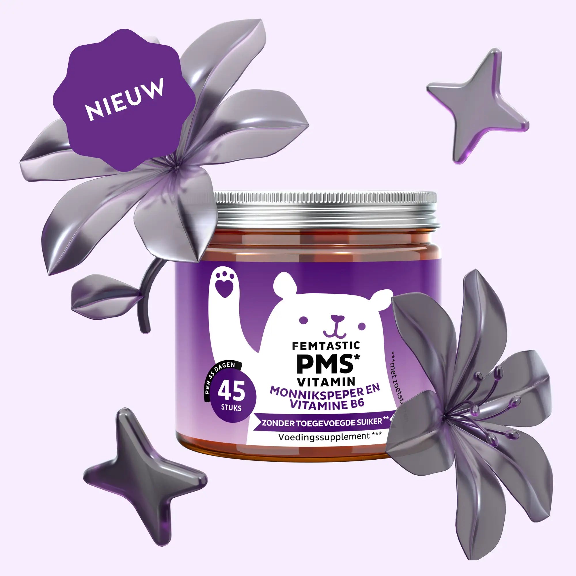 Nieuw: Femtastic PMS potje met 45 stuks – suikervrije, vegan gummies met monnikspeper en vitamine B6 | Bears with Benefits