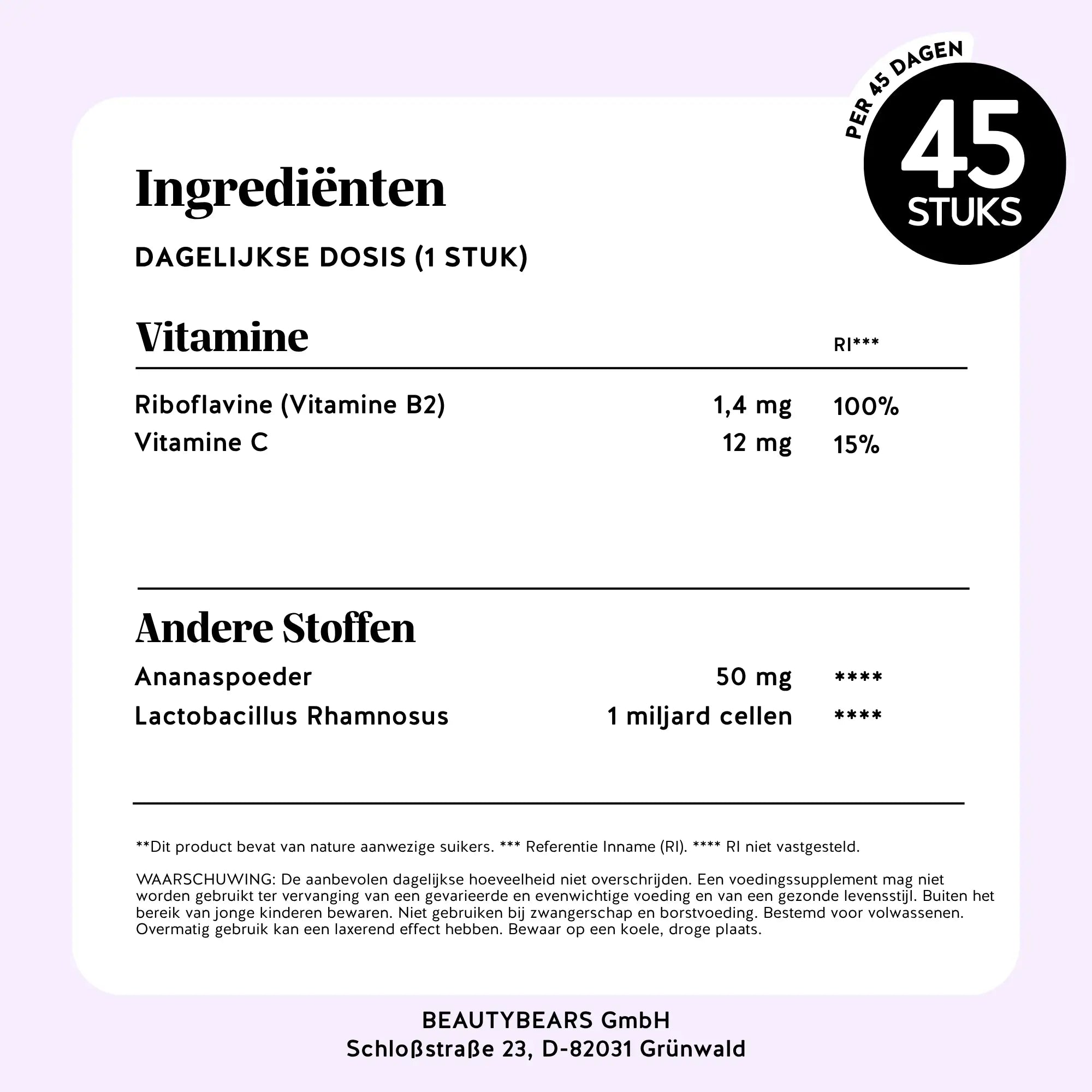 Ingrediëntenlijst van Intimate Balance Flora per dagelijkse dosis – vitamine B2, vitamine C, ananaspoeder en Lactobacillus Rhamnosus | Bears with Benefits
