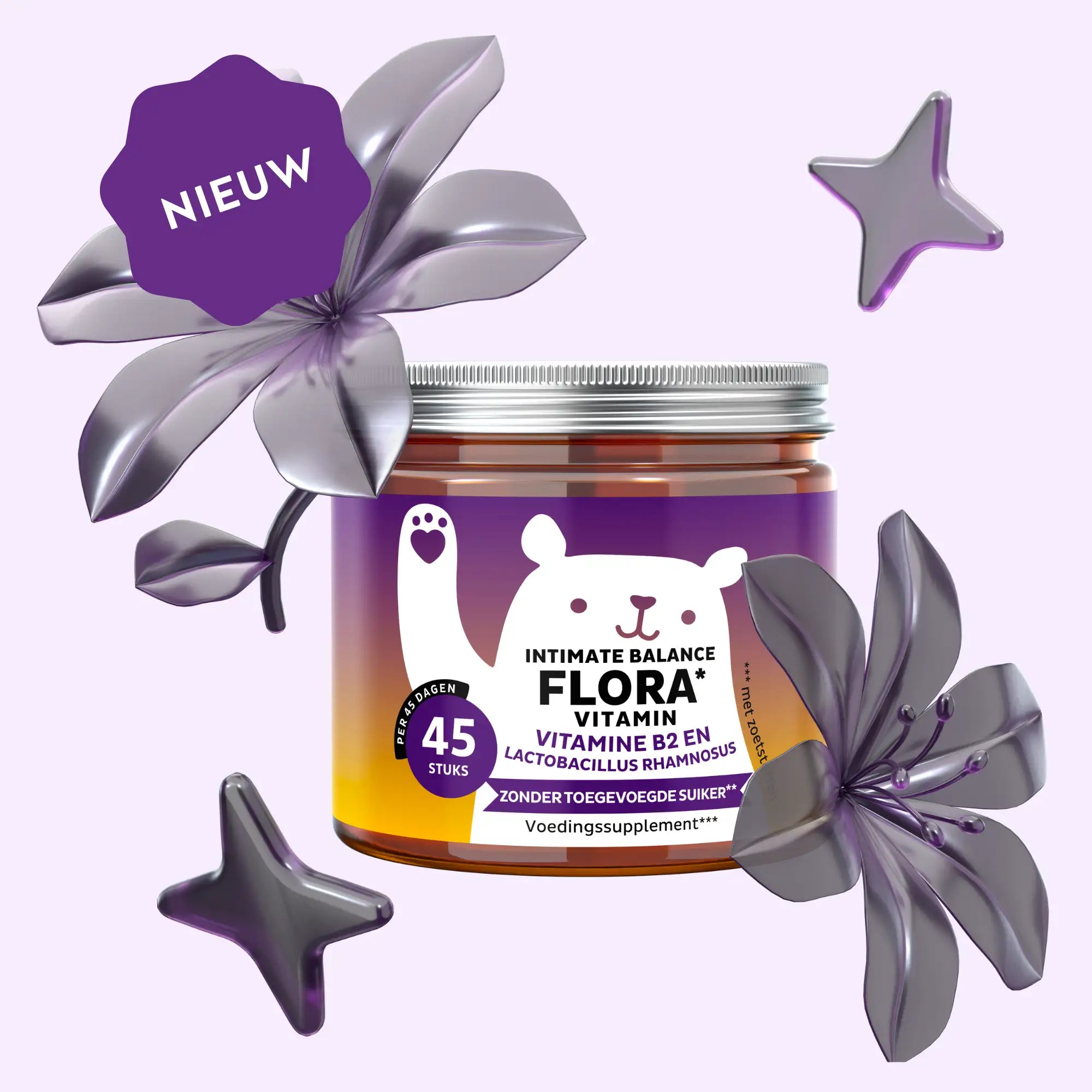 Nieuw: Intimate Balance Flora potje met 45 stuks – suikervrije, vegan gummies met vitamine B2 en Lactobacillus Rhamnosus | Bears with Benefits