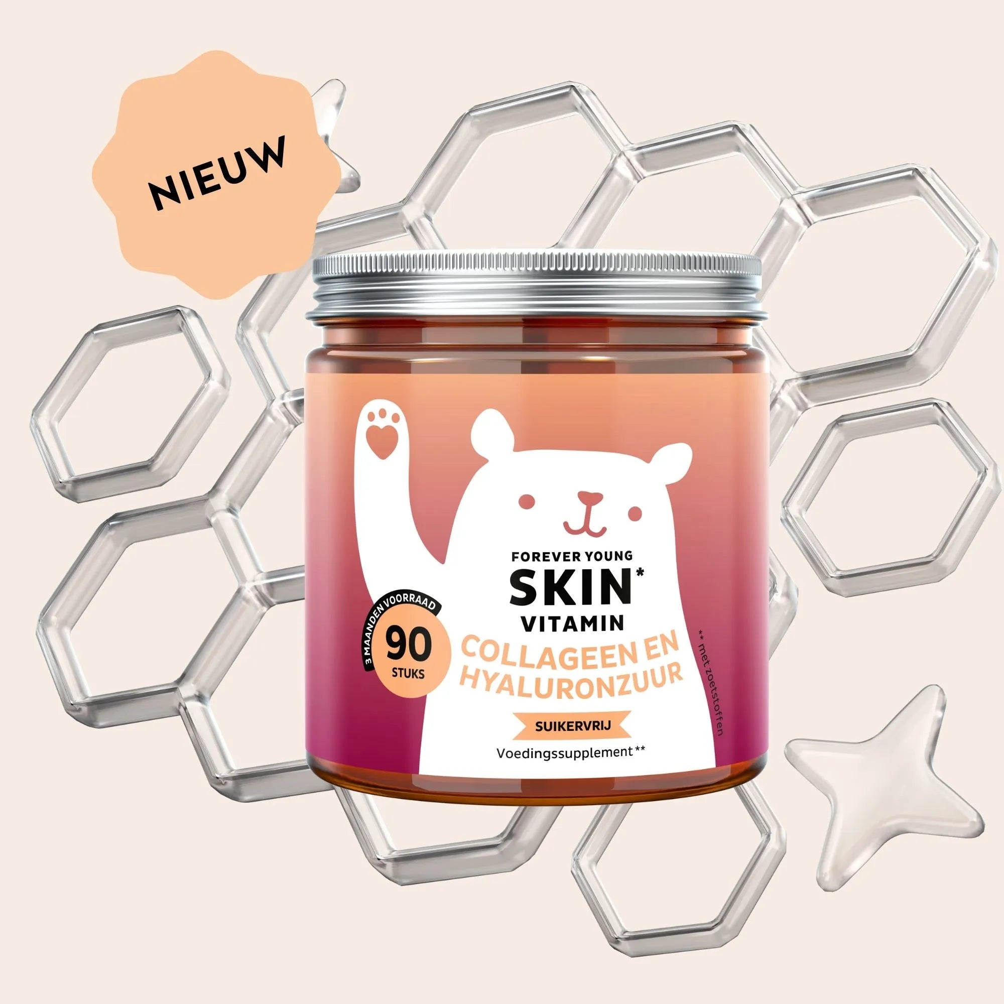 Forever Young Skin Vitamin potje met 90 suikervrije gummies met collageen en hyaluronzuur, geschikt voor langdurig dagelijks gebruik l Bears with Benefits.