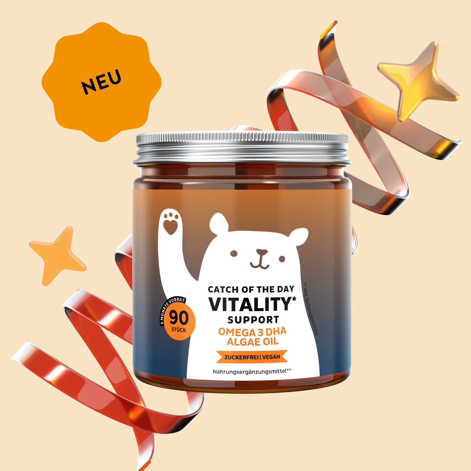 Afbeelding van het potje met 90 stuks Catch Of The Day Vitality Support vitamine gummies (omega3 vitamin) van Bears with Benefits, ontwikkeld ter ondersteuning van energie en immuunsysteem