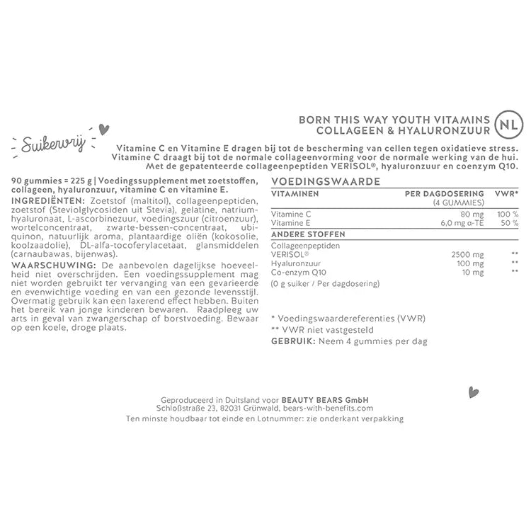 Ingrediënten list van Born This Way Youth vitamine met collageen en hyaluronzuur.