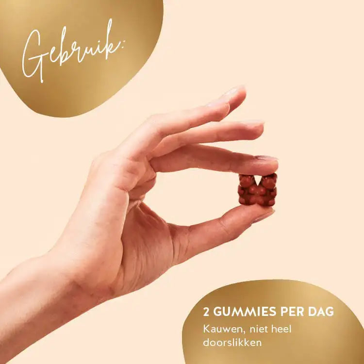 Deze afbeelding toont de aanbevolen inname voor Golden Goddess Tan Bears met Beta Carotene. 2 stuks per dag - om te kauwen, niet in zijn geheel doorslikken.