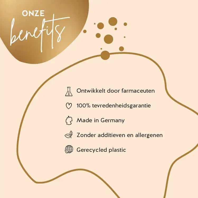 Deze foto toont de voordelen van het Golden Goddes Tan product van Bears with Benefits. Ontwikkeld door apothekers, 100% tevredenheidsgarantie, Hoge biologische beschikbaarheid, Gluten- en lactosevrij, Vrij van kunstmatige kleur- en smaakstoffen, Gerecycled PET voor het milieu.