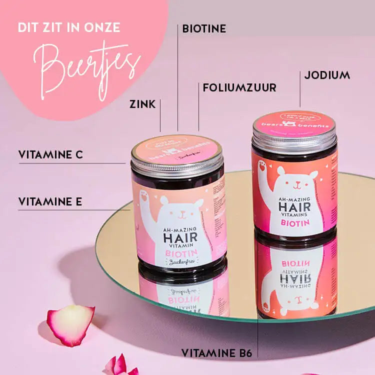 De ingrediënten van de Biotin Ah-Mazing Hair Bears van Bears with Benefits zijn. Vitamine E en C, zink, biotine, foliumzuur en jodium.