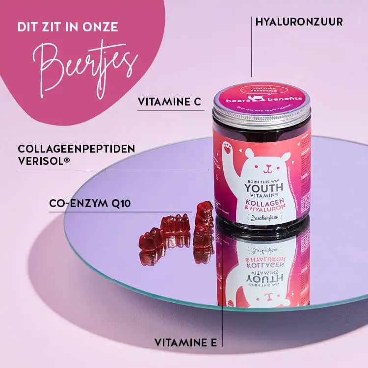 Deze ingrediënten en voedingsstoffen zitten in de Born This Way Youth Vitamins van Bears with Benefits: Hyaluron, collageen, co-enzym Q10, vitamine E en vitamine C.
