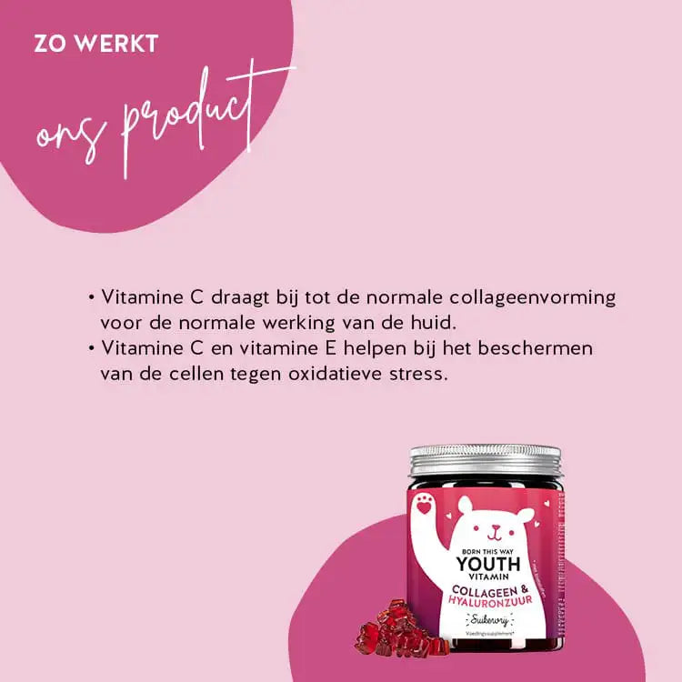 Dit is het effect van Born this way jeugdvitaminen van Bears with Benefits: Vitamine C draagt bij tot de normale collageenvorming voor de normale werking van de huid, Vitamine C en vitamine E helpen bij het beschermen von de cellen tegen oxidatieve stress.