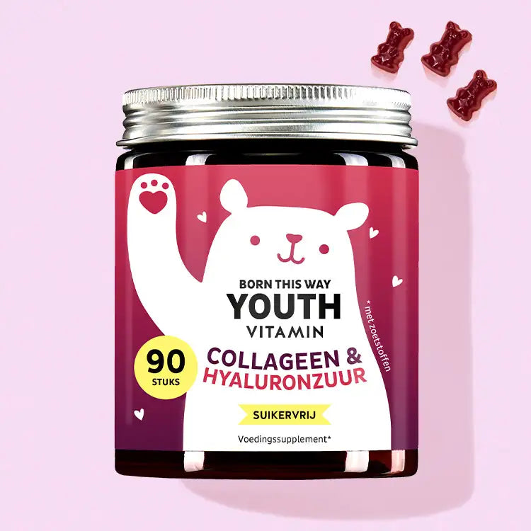 Een blikje Born This Way Youth Vitamins met collageen en hyaluron van Bears with Benefits voor een anti-verouderingsboost.