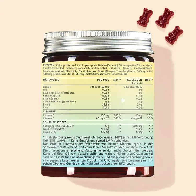 Achterkant van het product "Bootylicious" met collageen en OPC van Bears with Benefits