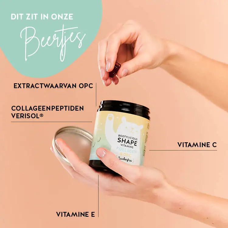 Deze ingrediënten en voedingsstoffen zitten in de Bootylicious Shape Vitamins van Bears with Benefits: OPC, collageen en vitamine C en E.