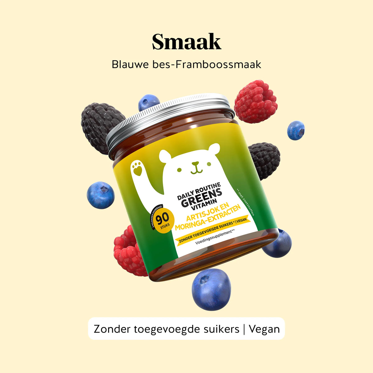Bears with Benefits DAILY ROUTINE GREENS VITAMIN – natuurlijke bosbes- en frambozensmaak, vegan gummies zonder toegevoegde suikers met 8 plantenextracten, vitaminen en mineralen, 90 gummies