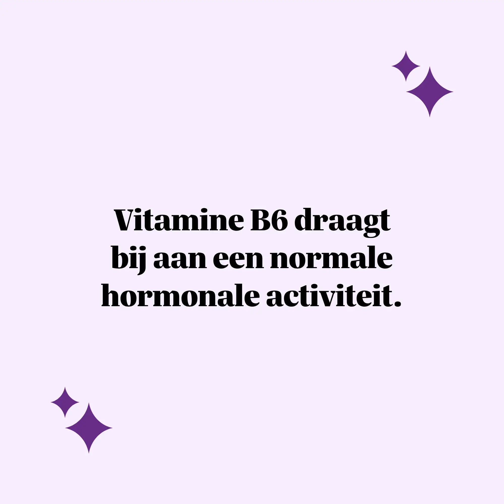 Quote-afbeelding met tekst: “Vitamine B6 draagt bij aan een normale hormonale activiteit.” op paarse achtergrond met glinsteraccenten | Bears with Benefits