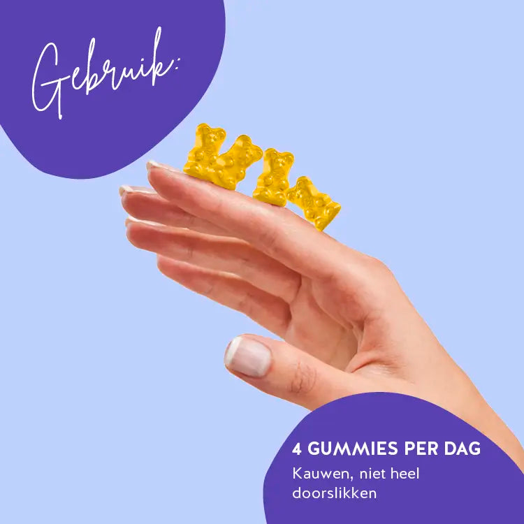 Deze afbeelding toont de aanbevolen inname voor de You Glow, Girl Skin bears met biotine, zink en hyaluron. 4 stuks per dag - kauwen, niet in zijn geheel doorslikken.