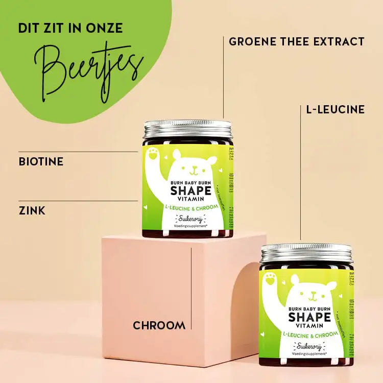 Deze ingrediënten en voedingsstoffen zitten in de Burn Baby Burn Shape Vitaminen van Bears with Benefits: biotine, zink, chroom, L-leucine en groene thee blad extract.