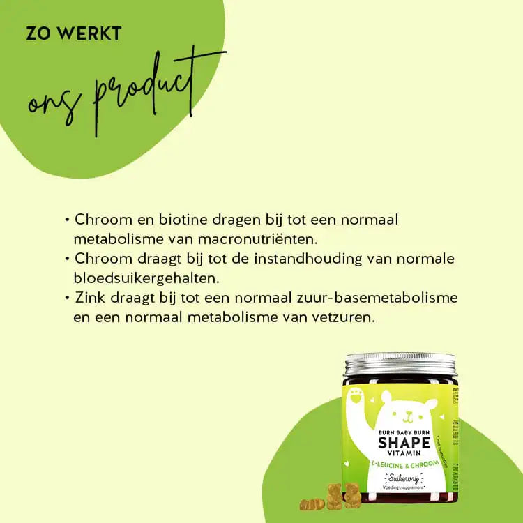 Dit is het effect van de Burn Baby Burn Shape Vitaminen van Bears with Benefits met chroom, L-leucine en extract van groene theebladeren voor de vetstofwisseling.