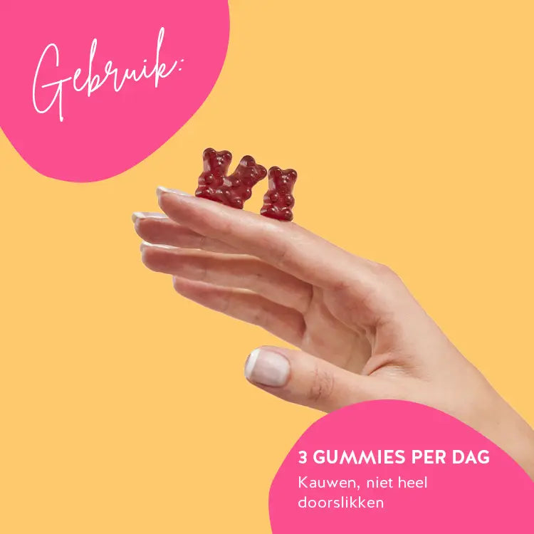 Deze afbeelding toont de aanbevolen inname voor Oh Yeah Libido Bears met Maca. 3 stuks per dag - om te kauwen, niet om in zijn geheel door te slikken.