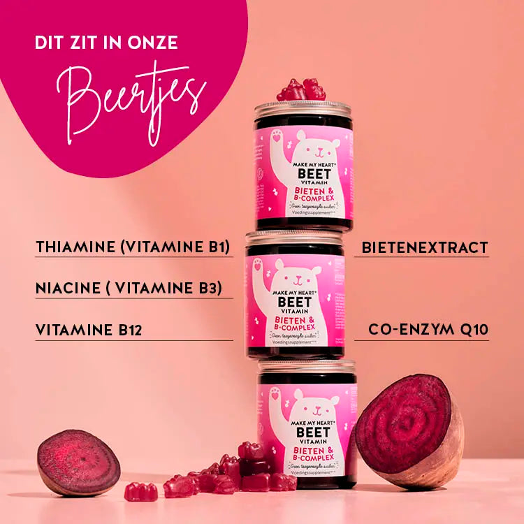 Ingrediënten in You Make My Heart Beet voor meer energie en een gezond hart en bloedvaten. Bevat bietenextract, thiamine en vitamine B12.