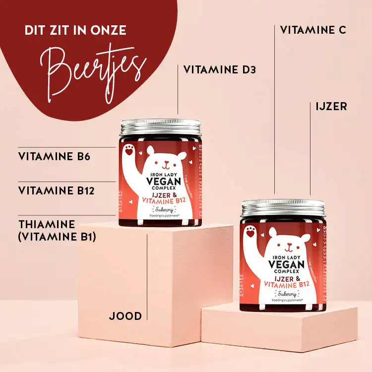 Deze vitaminen en voedingsstoffen zitten in het Iron Lady Vegan Vitaminen: IJzer, Calcium, Zink, Vitamine B3, Bitamine B2, Vitamine B12, Jodium.