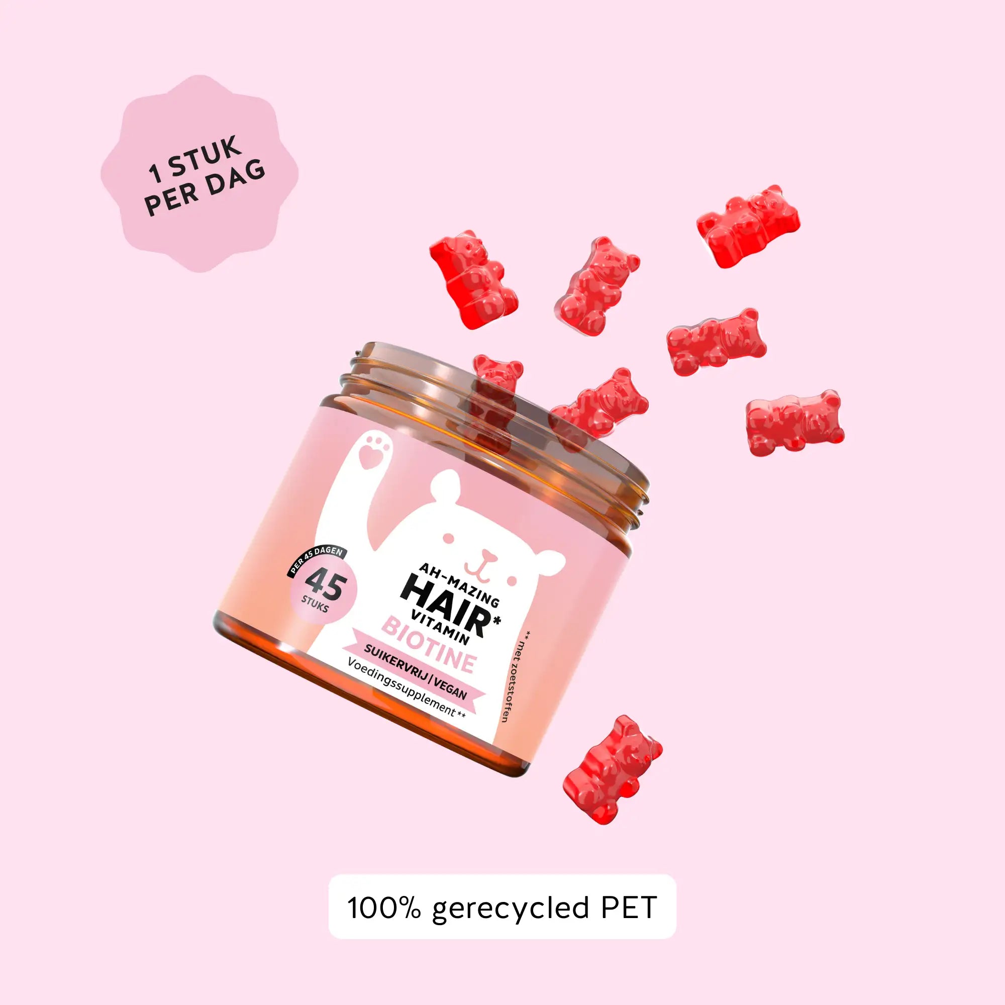 Ah-mazing Hair Vitamin Biotine gummies met een eenvoudige dagelijkse dosering van 1 gummie per dag en een voorraad van 45 stuks l Bears with Benefits.
