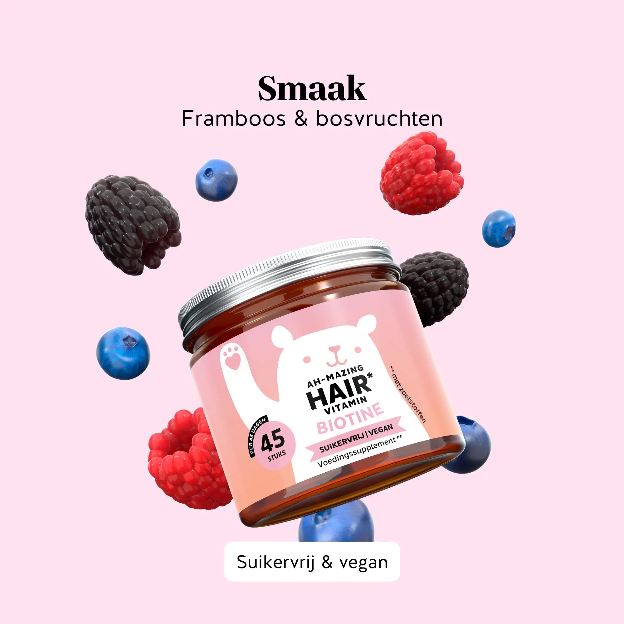 Ah-mazing Hair Vitamin Biotine gummies met framboos- en bosvruchtensmaak, suikervrij en vegan, voor een prettige dagelijkse inname l Bears with Benefits.