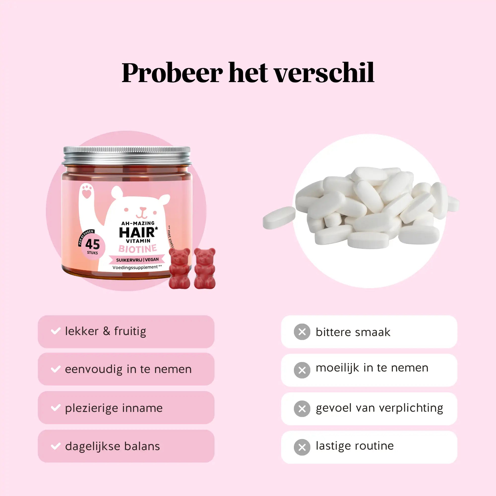 Vergelijking tussen Ah-mazing Hair Vitamin Biotine gummies en traditionele tabletten, met focus op smaak, gebruiksgemak en een fijne dagelijkse routine l Bears with Benefits.