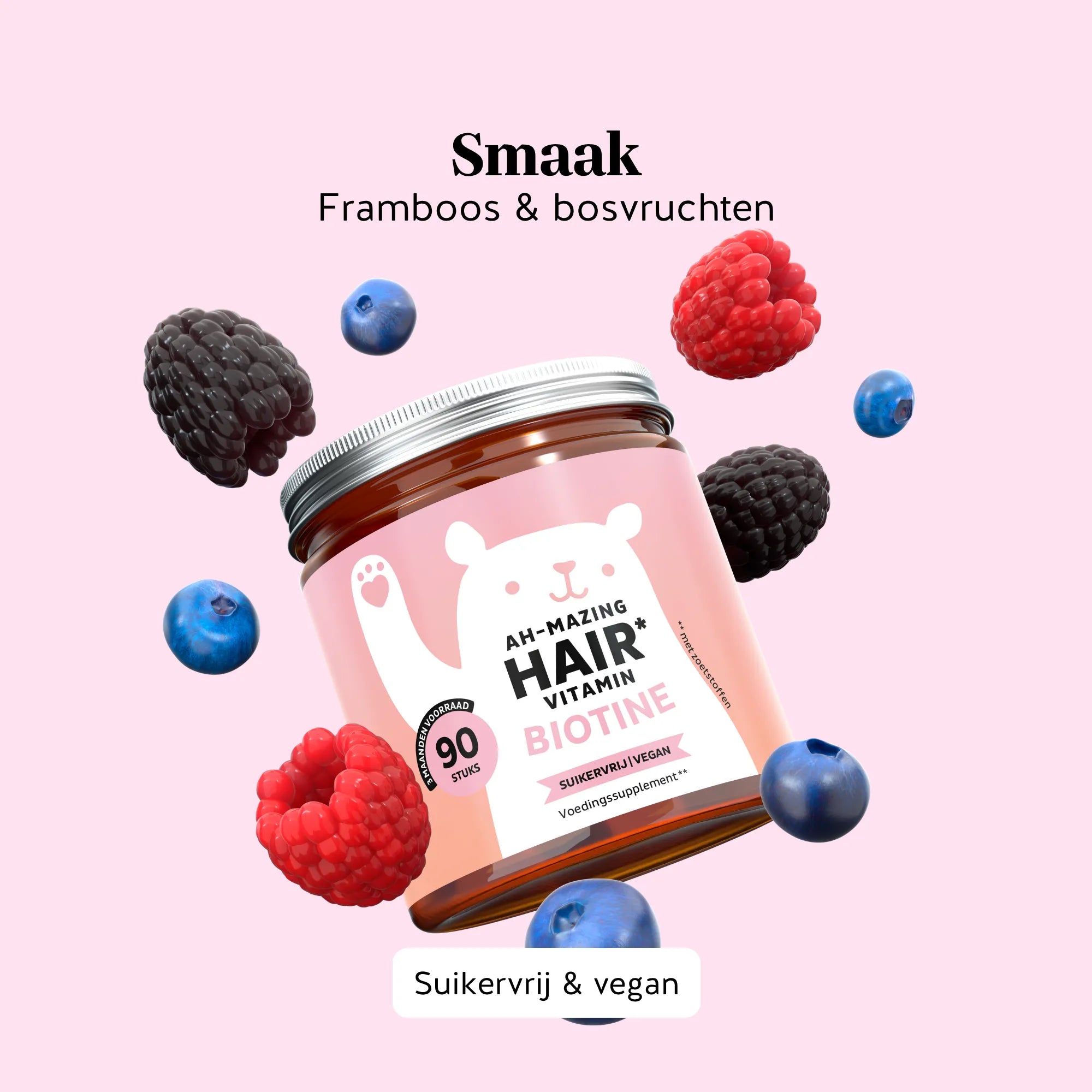 Bears with Benefits Ah-Mazing Hair* Vitamin – suikervrije vegan biotine gummies met framboos- en bosvruchtensmaak voor haar, huid en nagels, biotine 10.000 µg, zink 1,5 mg, jodium 22,5 µg, vitamine C 12 mg, vitamine E 1,8 mg en vitamine B6 1 mg, 90 stuks, 3 maanden voorraad, suikervrij en vegan