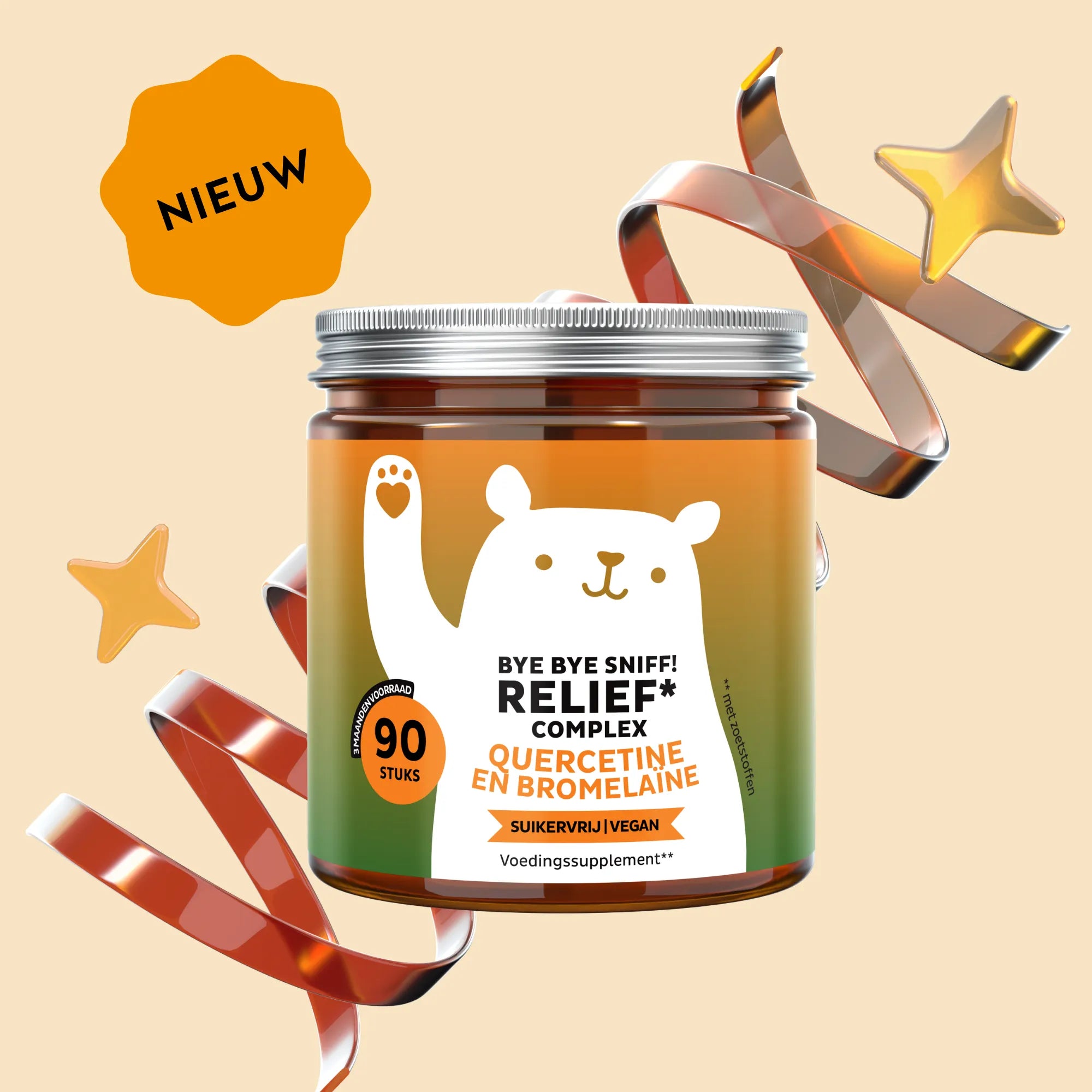 Aanbevolen inname van Bye Bye Sniff! Relief* Complex gummies van Bears with Benefits voor dagelijkse ondersteuning. Potje met 90 stuks.