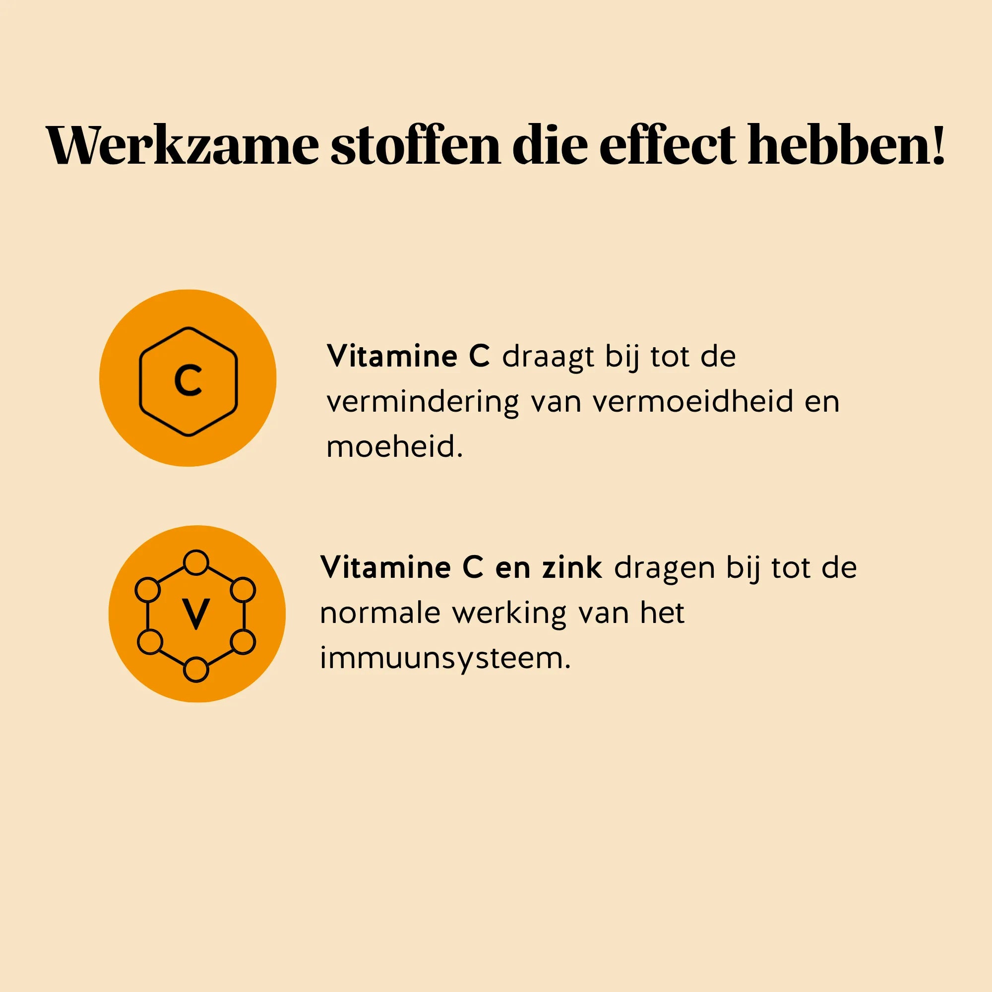 Ingrediënten en voordelen van de Bye Bye Sniff! Relief* Complex gummies van Bears with Benefits, met vitamine C en zink ter ondersteuning van het immuunsysteem en vitamine C ter vermindering van vermoeidheid.