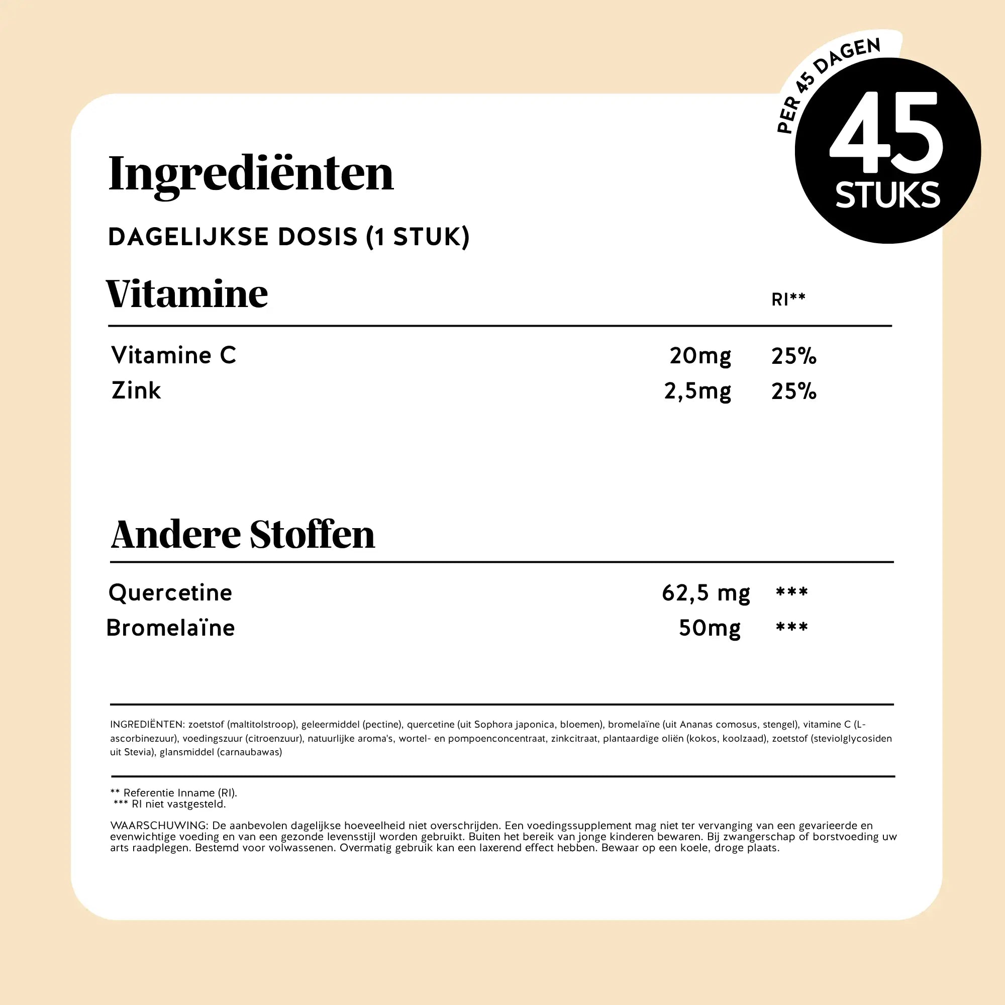 Volledige lijst van ingrediënten van de Bye Bye Sniff! Relief* Complex gummies van Bears with Benefits in gummyvorm. Potje met 45 stuks.