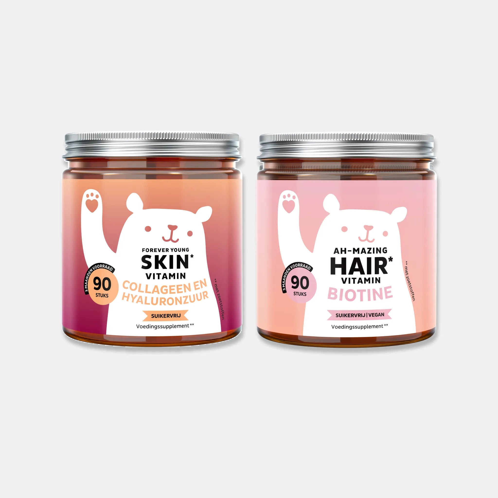 Bears with Benefits Forever Young Skin Vitamin en Ah-Mazing Hair Vitamin – beauty gummies duo voor huid, haar en nagels, met collageen en hyaluronzuur, biotine, suikervrij, Hair Vitamin vegan, 90 stuks per pot, 3 maanden voorraad, voedingssupplement met zoetstoffen.