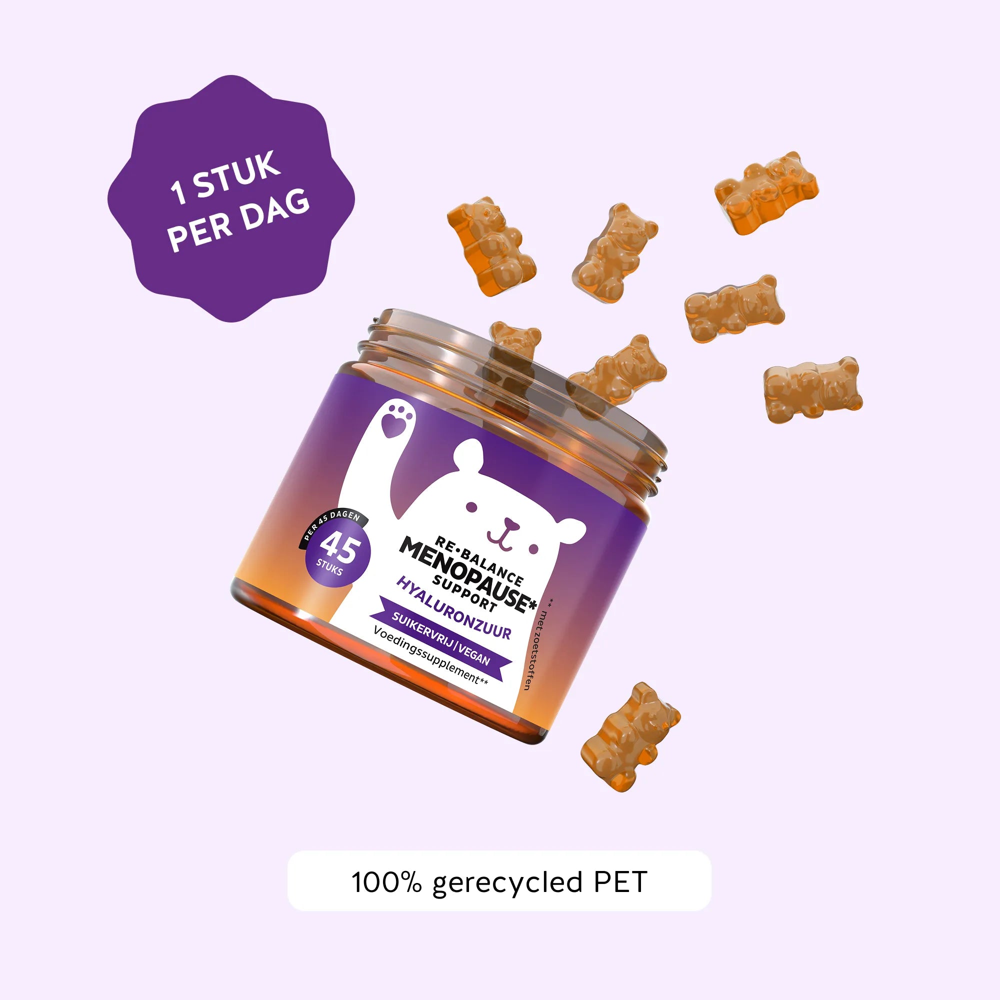Bears with Benefits Re-Balance Menopause Support – vegan gummies met hyaluronzuur voor ondersteuning tijdens de menopauze, 45 stuks, 1 stuk per dag en 100% gerecycled PET