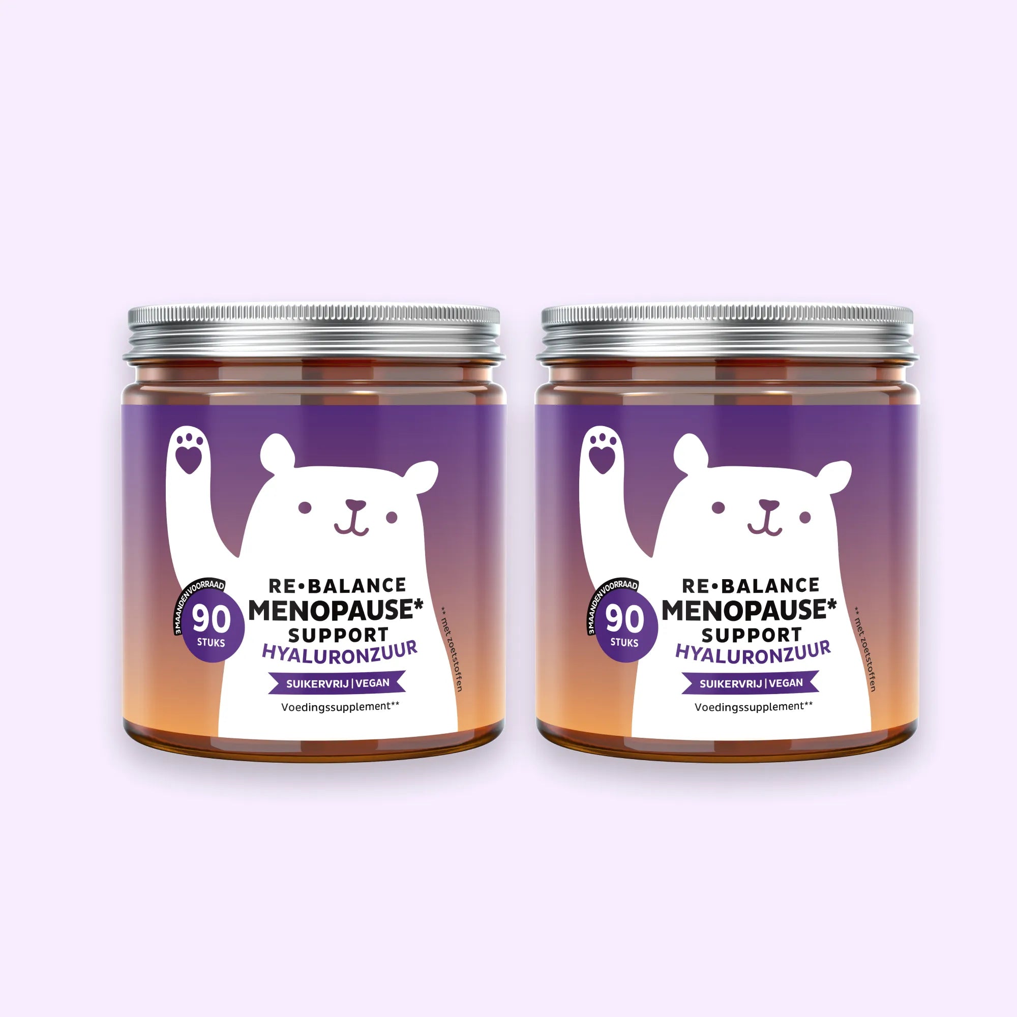 Bears with Benefits Re-Balance Menopause Support – duo met 2 potten vegan gummies met hyaluronzuur, 90 stuks per pot, 180 stuks totaal, suikervrij en vegan, voor ondersteuning tijdens de menopauze
