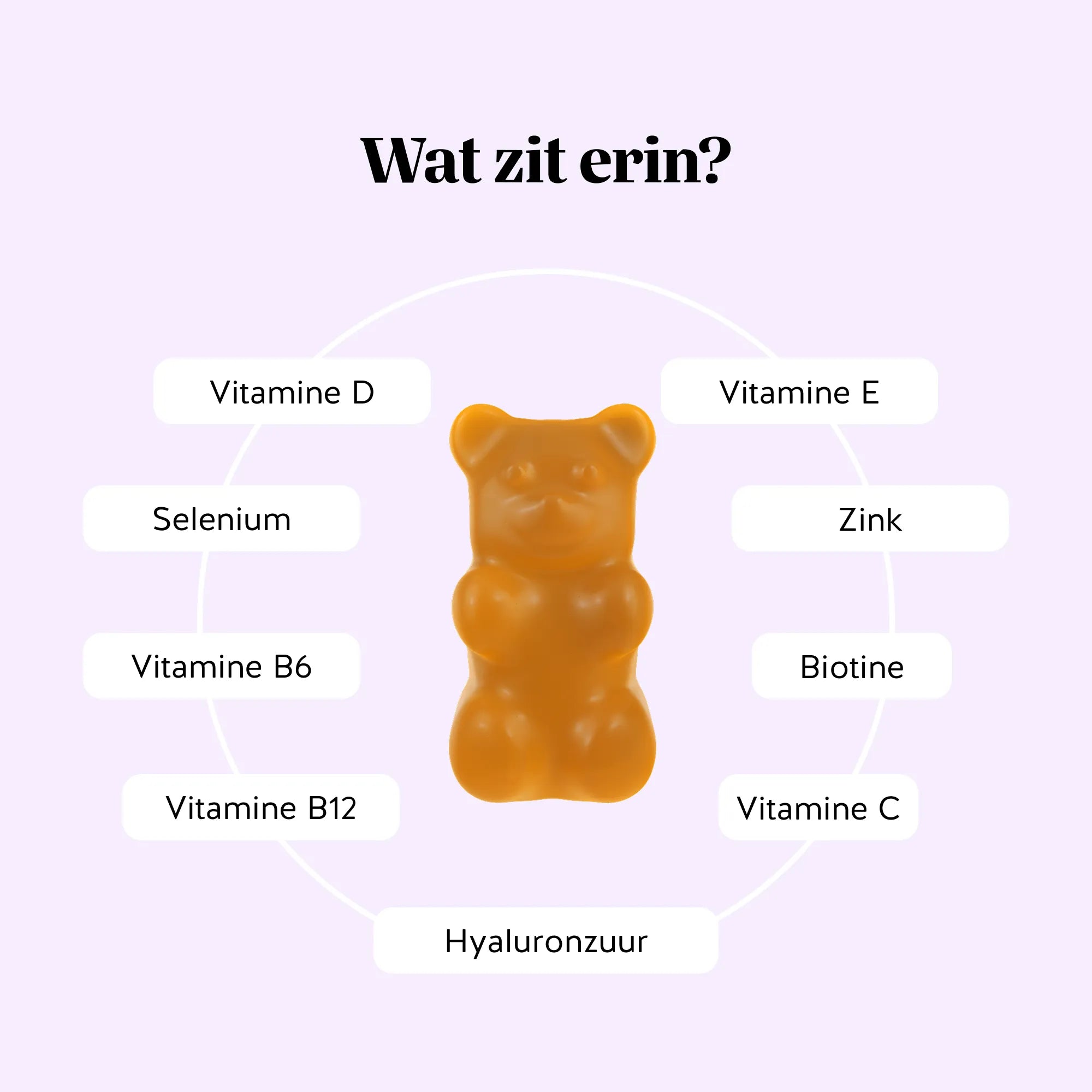 Bears with Benefits Re-Balance Menopause Support – overzicht van ingrediënten met vitamine D, vitamine E, zink, biotine, vitamine C, hyaluronzuur, vitamine B12, vitamine B6 en selenium
