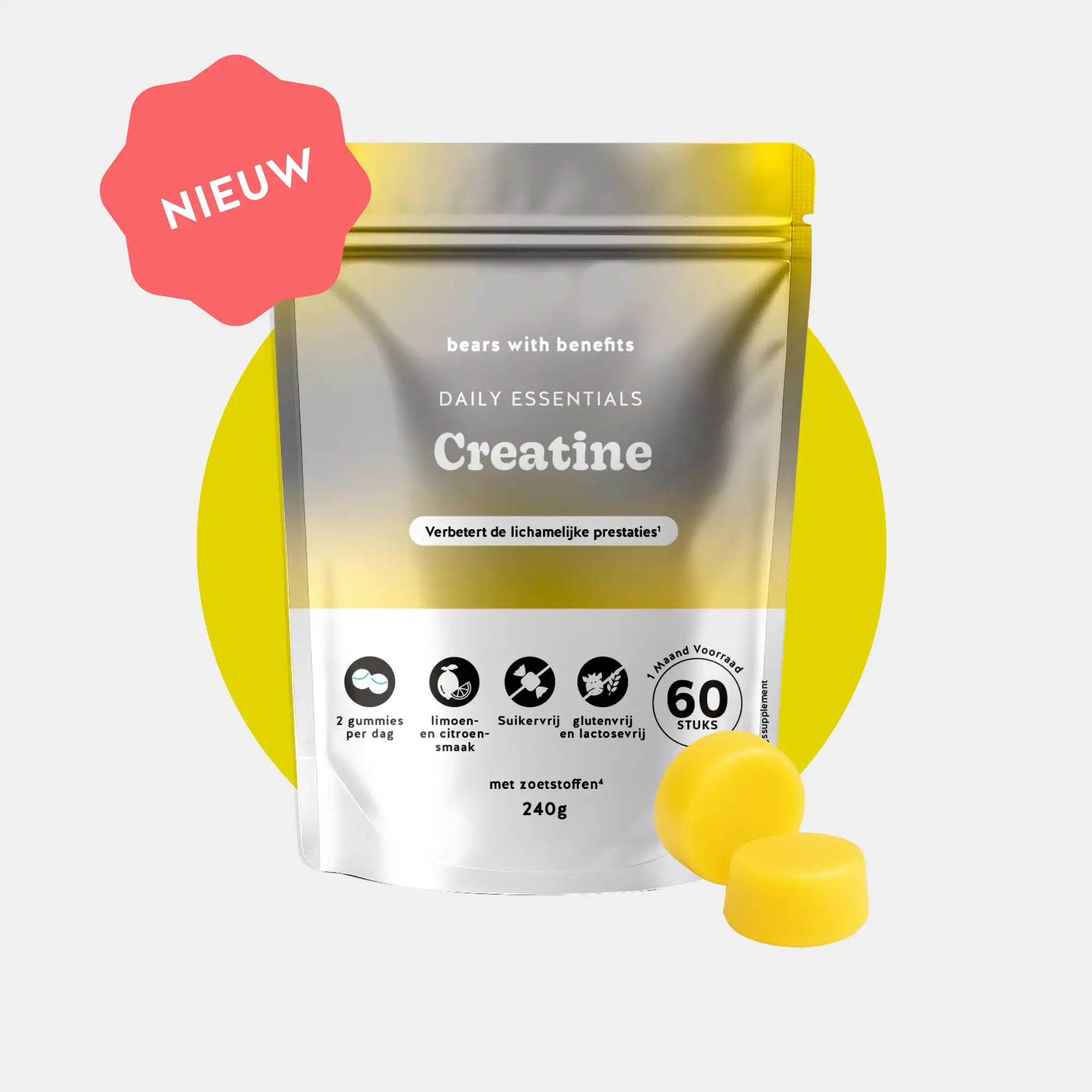 Productafbeelding creatine gummies – verpakking en gummies in beeld l Bears with Benefits