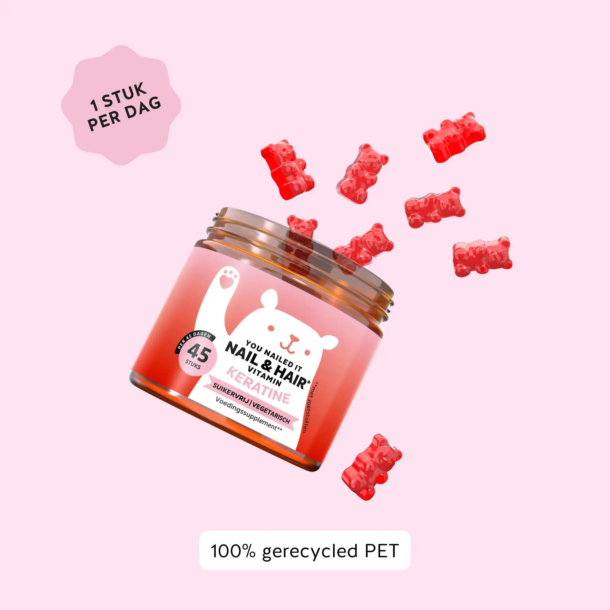 Potje Bears with Benefits Nail & Hair Keratine met 45 gummybeertjes – 1 stuk per dag, gemaakt van 100% gerecycled PET | Bears with Benefits