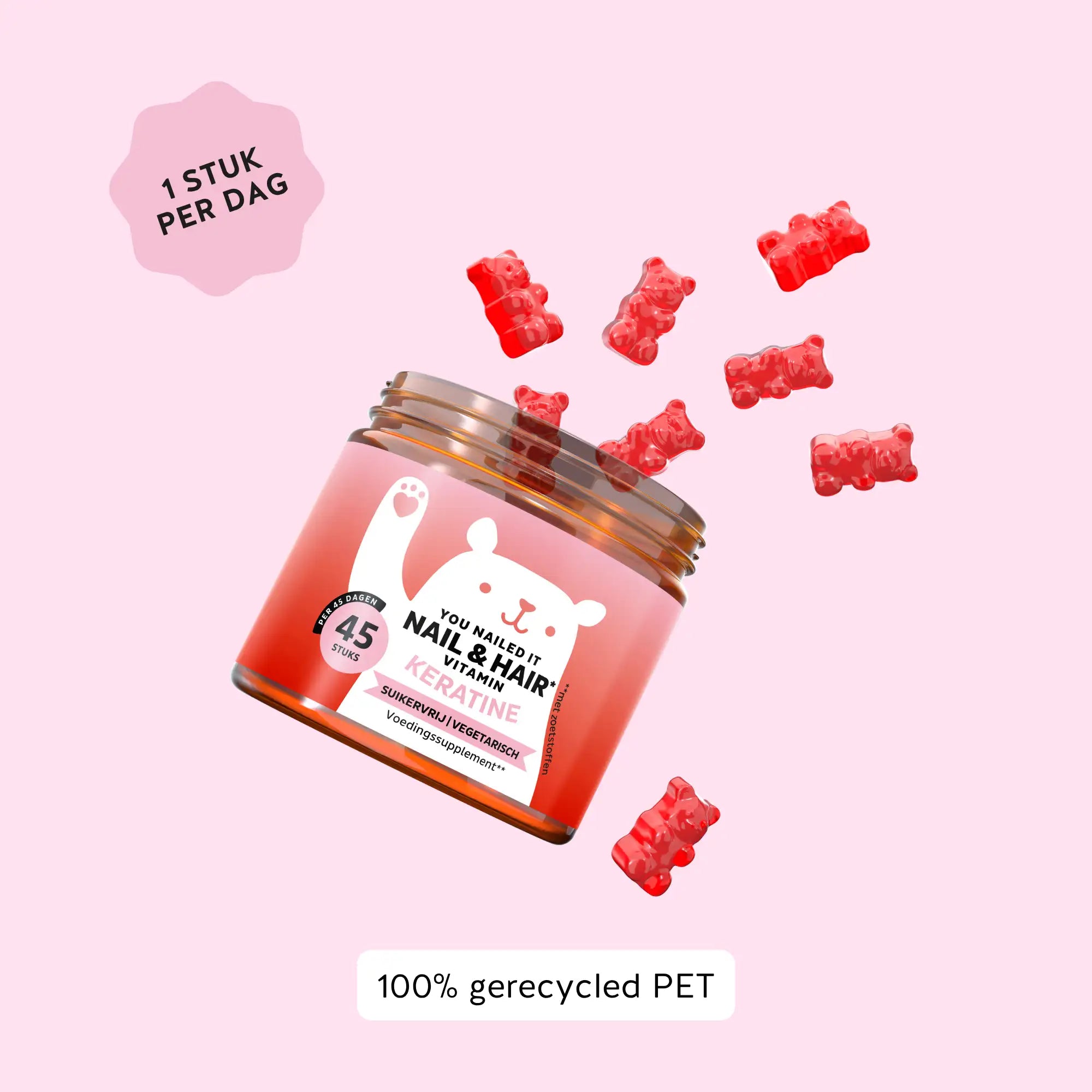 Potje Bears with Benefits Nail & Hair Keratine met 45 gummybeertjes – 1 stuk per dag, gemaakt van 100% gerecycled PET | Bears with Benefits
