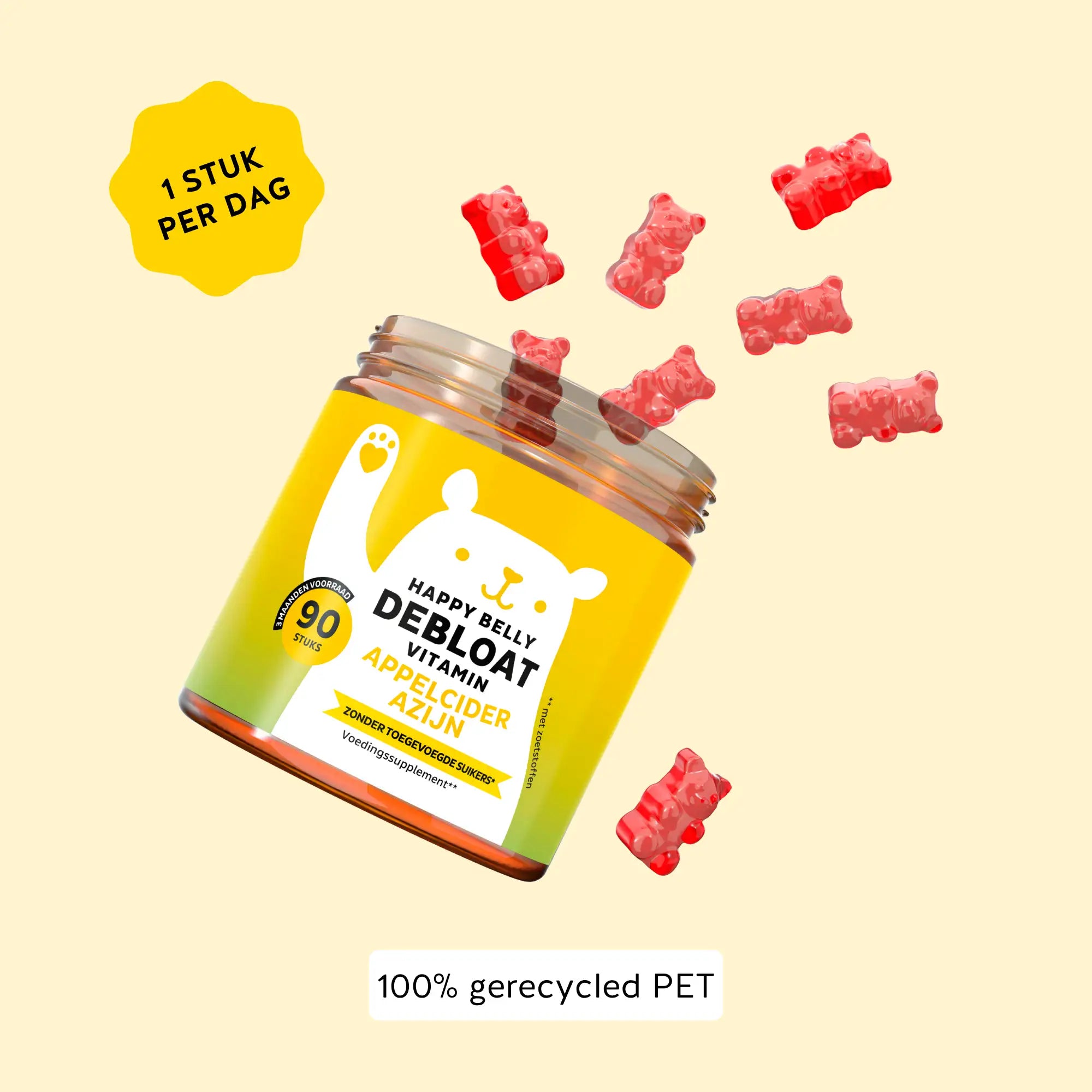 Potje Happy Belly Debloat Vitamin met appelciderazijn, 90 gummies – rode gummybeertjes vliegen eruit, 1 stuk per dag, 100% gerecycled PET | Bears with Benefits