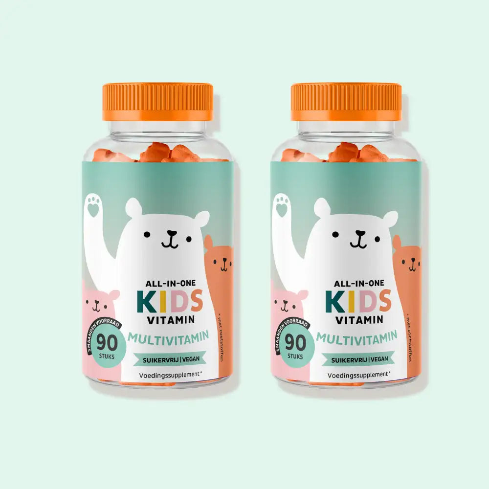 Twee potjes Kids Multivitamin met 90 gummies, een suikervrij en vegan all-in-one multivitaminesupplement voor kinderen, ontwikkeld voor dagelijkse ondersteuning van groei en welzijn l Bears with Benefits.
