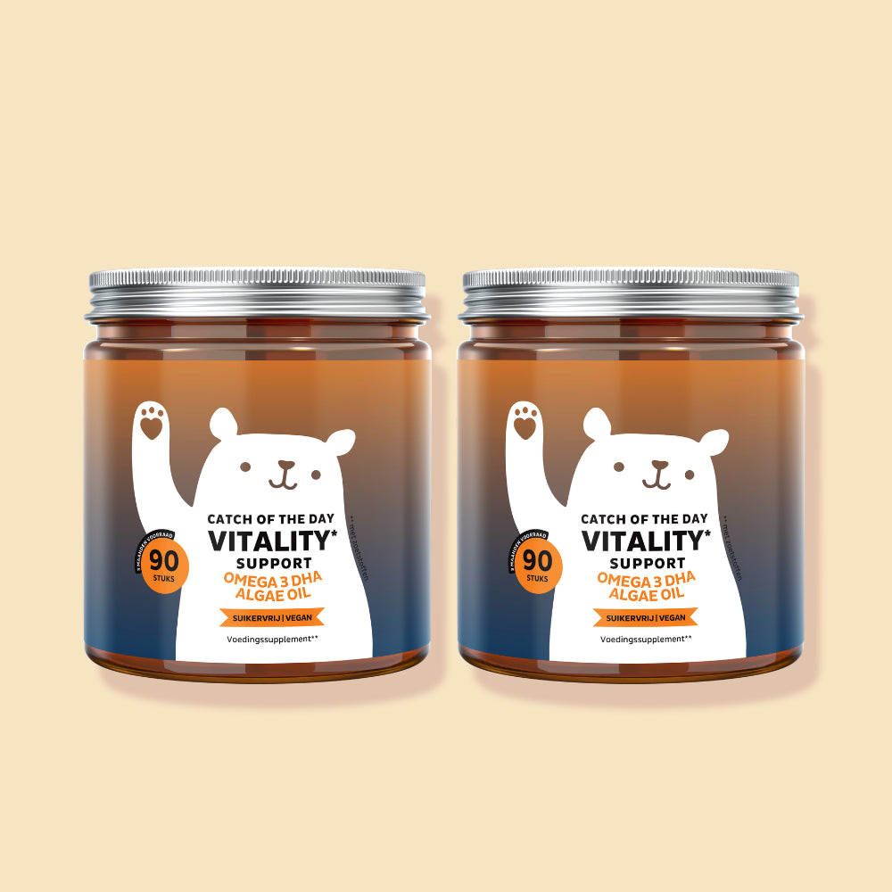 Afbeelding van de 2-pack van Catch Of The Day Vitality Support van Bears with Benefits met in totaal 180 vitamine gummies. Twee potjes voor dagelijkse ondersteuning.