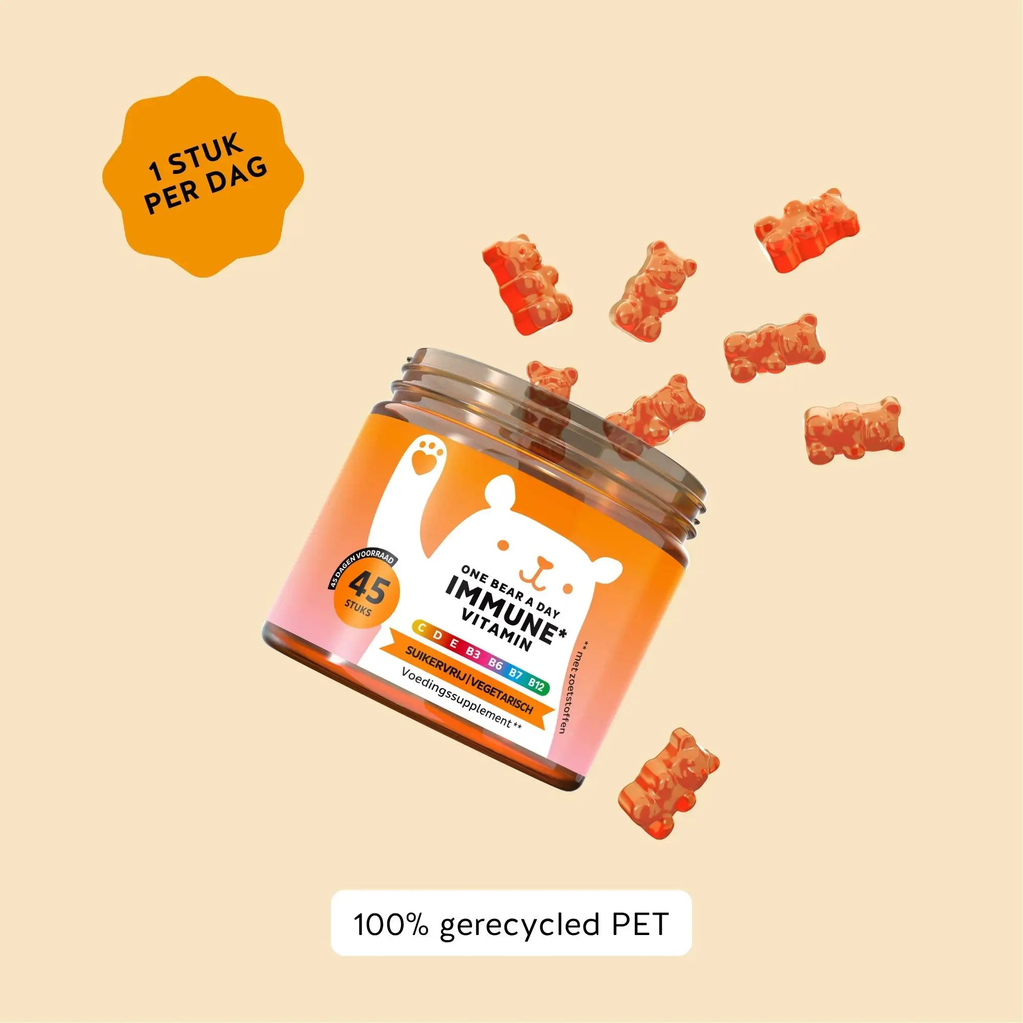 Aanbevolen inname van One Bear a Day IMMUNE+ vitamine gummies van Bears with Benefits: neem 1 gummie per dag als voedingssupplement. Potje met 45 stuks (ongeveer 45 dagen voorraad), suikervrij en vegetarisch.