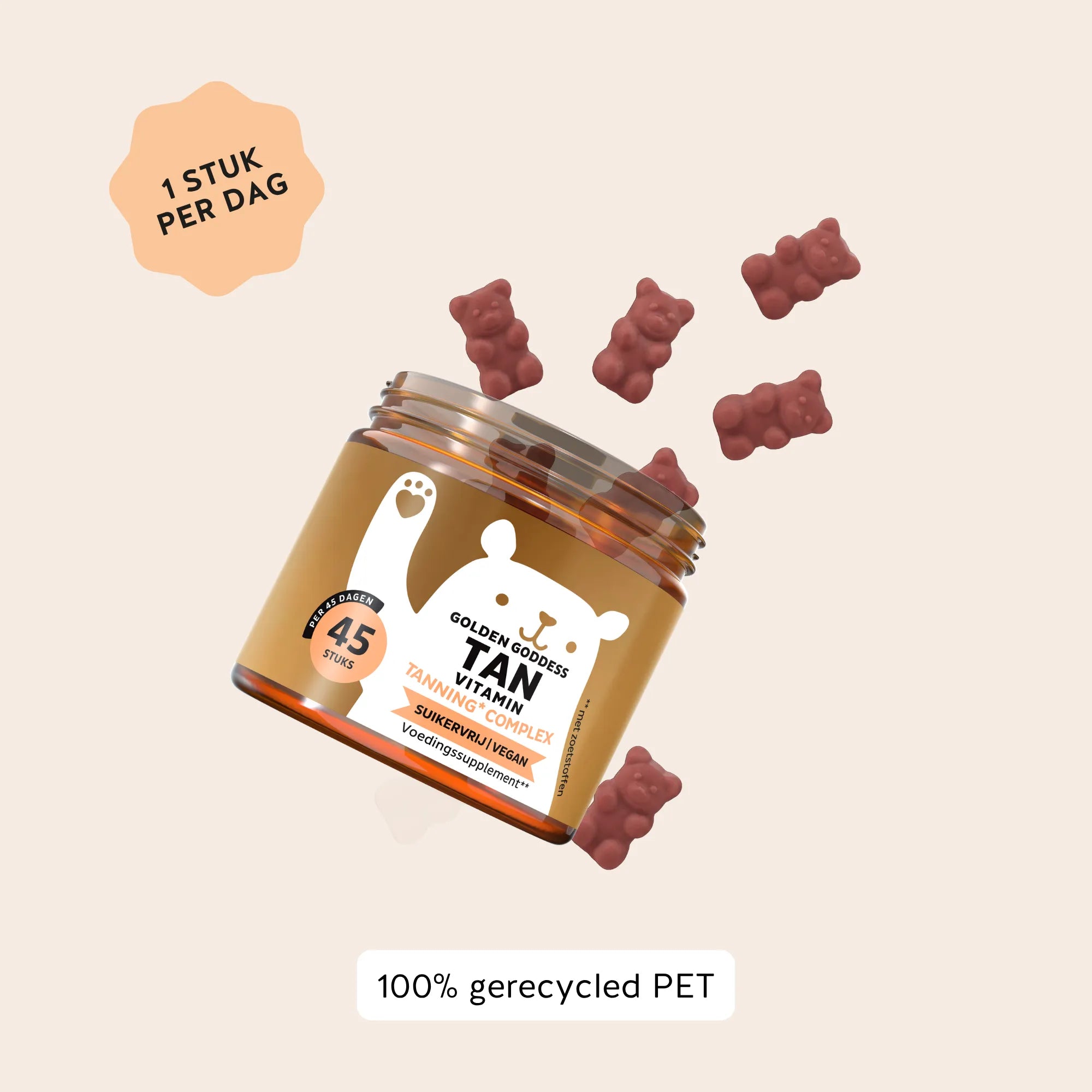 Bears with Benefits Golden Goddess Tan Vitamin – suikervrije vegan tanning gummies voor een zongebruinde huid en dagelijkse beauty routine, vitamine C 20 mg, vitamine E 3,6 mg, vitamine D 5 µg, koper 0,15 mg, bètacaroteen 1 mg, luteïne 1 mg, astaxanthine 1 mg en peen extract 20 mg, 45 stuks, 1 stuk per dag en 100% gerecycled PET