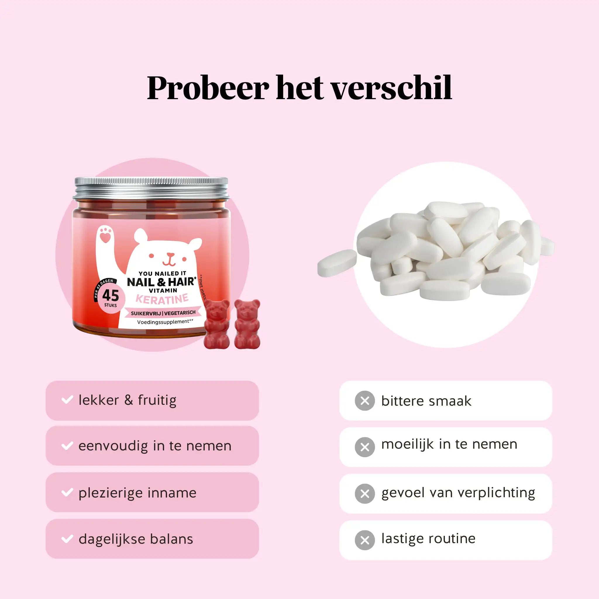 Vergelijking gummies vs pillen: links Bears with Benefits Nail & Hair Keratine potje met rode gummybeertjes – lekker, fruitig en eenvoudig in te nemen; rechts witte pillen met bittere smaak en lastige routine | Bears with Benefits