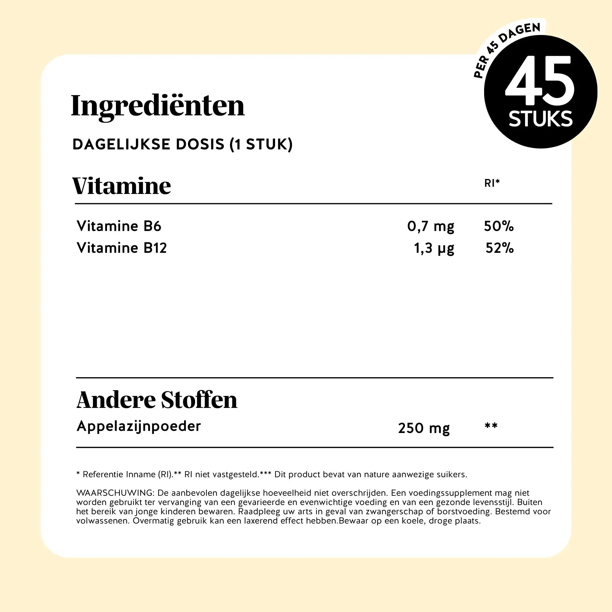Afbeelding ingrediënten Happy Belly Debloat Vitamin met appelciderazijn – per dagelijkse dosis: Vitamine B6, Vitamine B12 en 250 mg appelciderazijnpoeder | Bears with Benefits