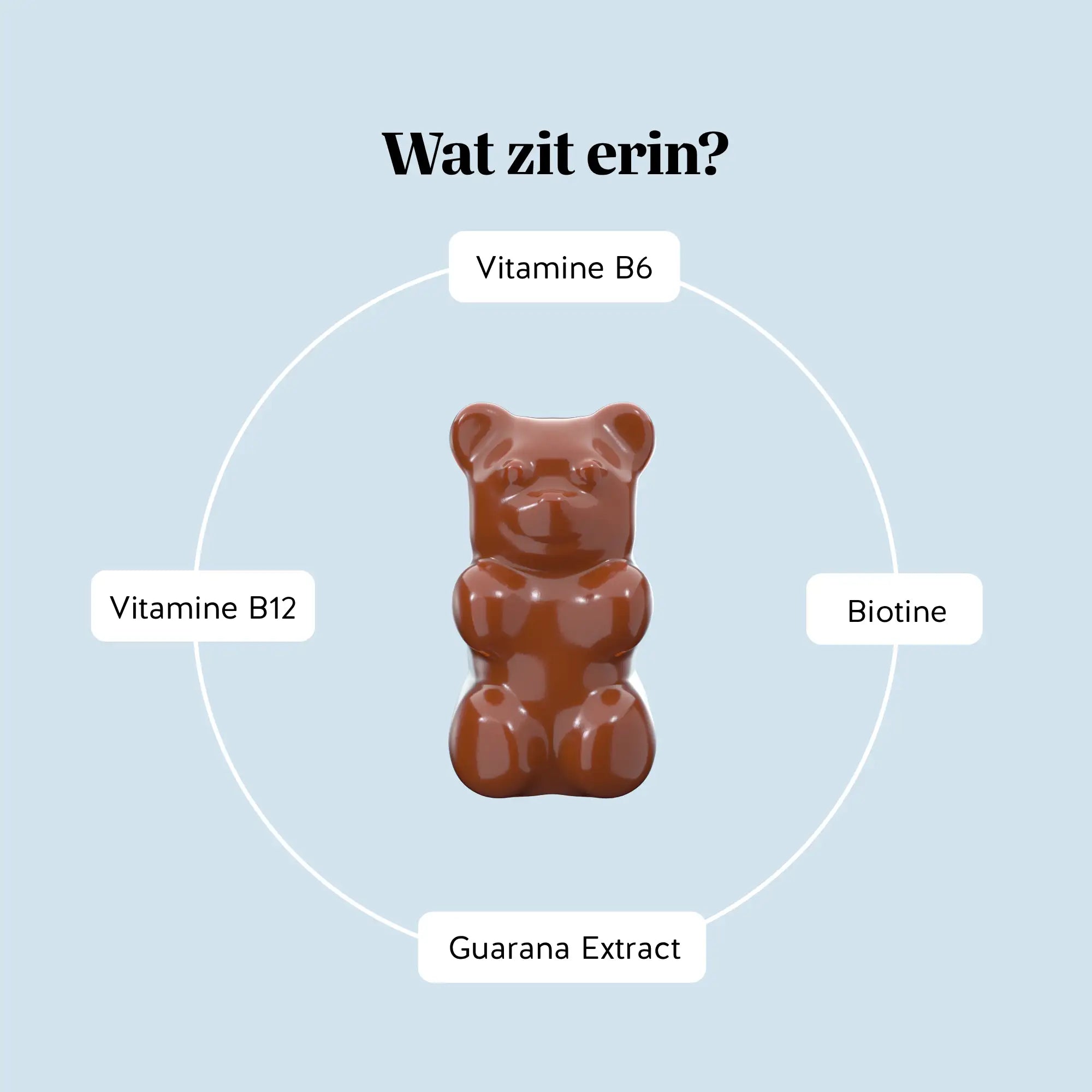 Overzicht van de ingrediënten in Wake-Up Call Energy gummies met vitamine B6, vitamine B12, biotine en guarana-extract l Bears with Benefits.