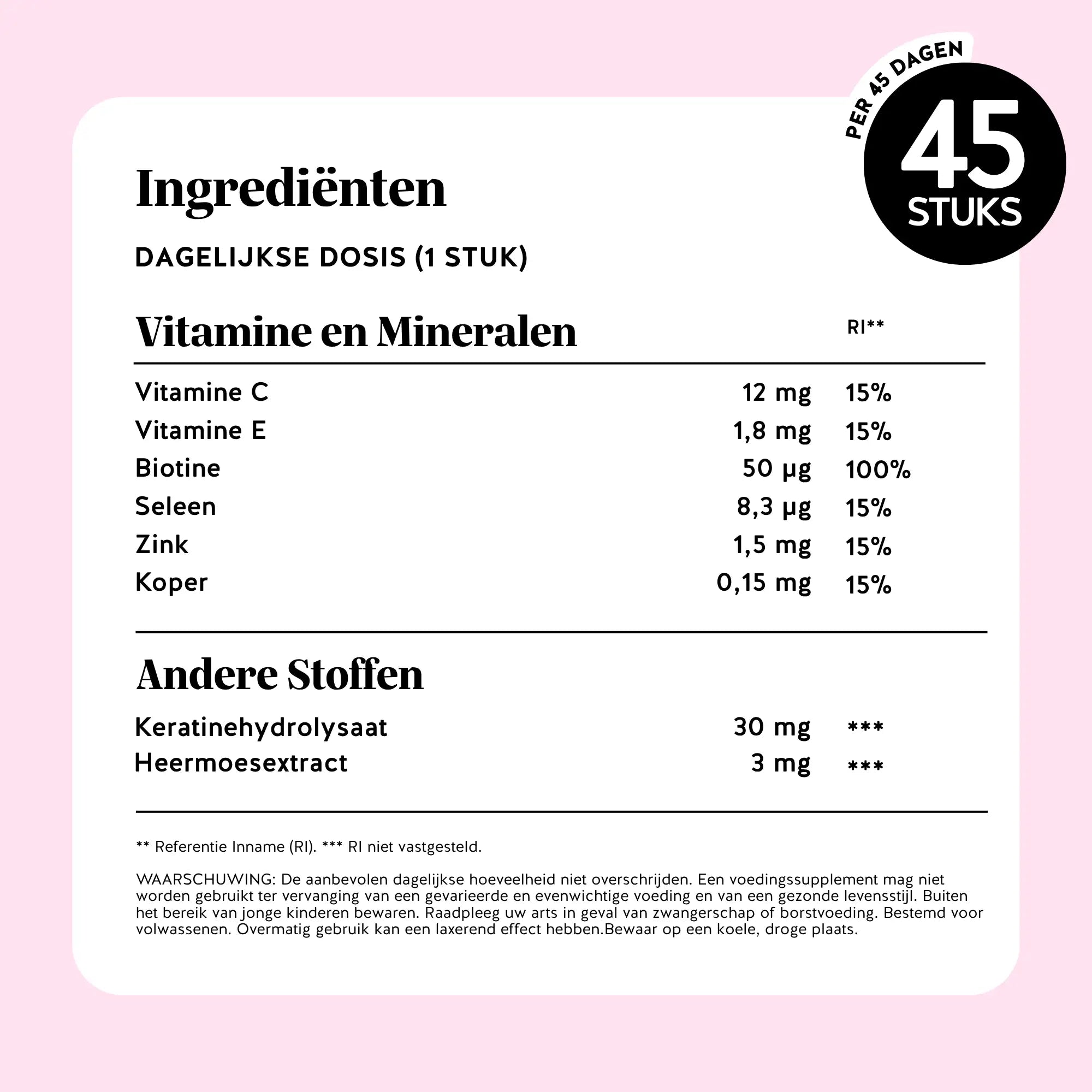 Ingrediëntenlijst Bears with Benefits Nail & Hair Keratine voor 45 dagen – vitamines C, E, biotine, seleen, zink, koper, keratinehydrolysaat en heermoesextract | Bears with Benefits